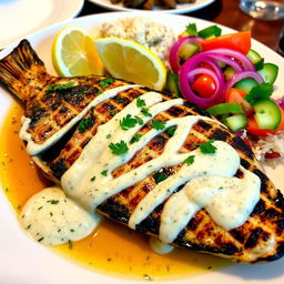 A beautifully presented grilled fish dish drizzled with a rich and creamy tahini sauce