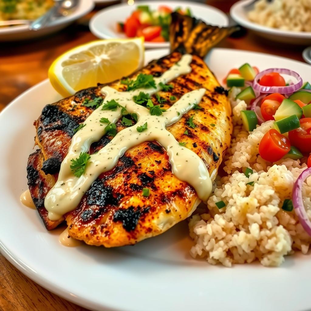 A beautifully presented grilled fish dish drizzled with a rich and creamy tahini sauce