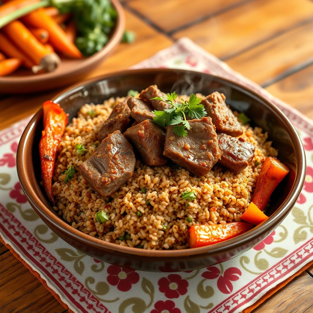 A delicious plate of freekeh (frikeh) topped with tender pieces of spiced meat, garnished with fresh herbs