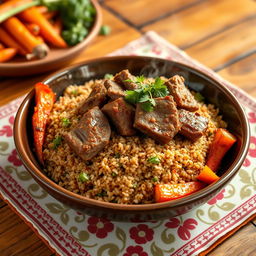 A delicious plate of freekeh (frikeh) topped with tender pieces of spiced meat, garnished with fresh herbs