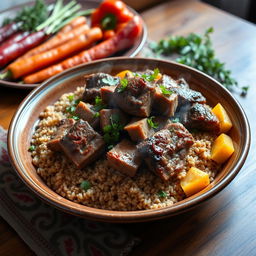 A delicious plate of freekeh (frikeh) topped with tender pieces of spiced meat, garnished with fresh herbs