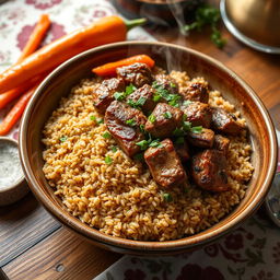 A delicious plate of freekeh (frikeh) topped with tender pieces of spiced meat, garnished with fresh herbs