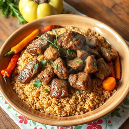 A delicious plate of freekeh (frikeh) topped with tender pieces of spiced meat, garnished with fresh herbs