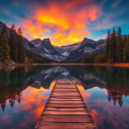 A majestic landscape featuring a serene mountain lake surrounded by towering pine trees, with a vibrant sunset casting warm colors across the sky