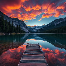 A majestic landscape featuring a serene mountain lake surrounded by towering pine trees, with a vibrant sunset casting warm colors across the sky