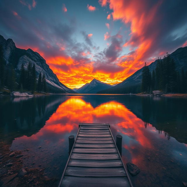 A majestic landscape featuring a serene mountain lake surrounded by towering pine trees, with a vibrant sunset casting warm colors across the sky