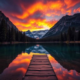 A majestic landscape featuring a serene mountain lake surrounded by towering pine trees, with a vibrant sunset casting warm colors across the sky