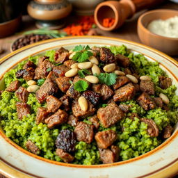 Green freekeh tossed with finely chopped tender meat, served in a traditional dish