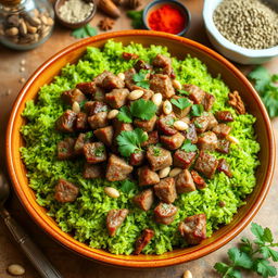 Green freekeh tossed with finely chopped tender meat, served in a traditional dish