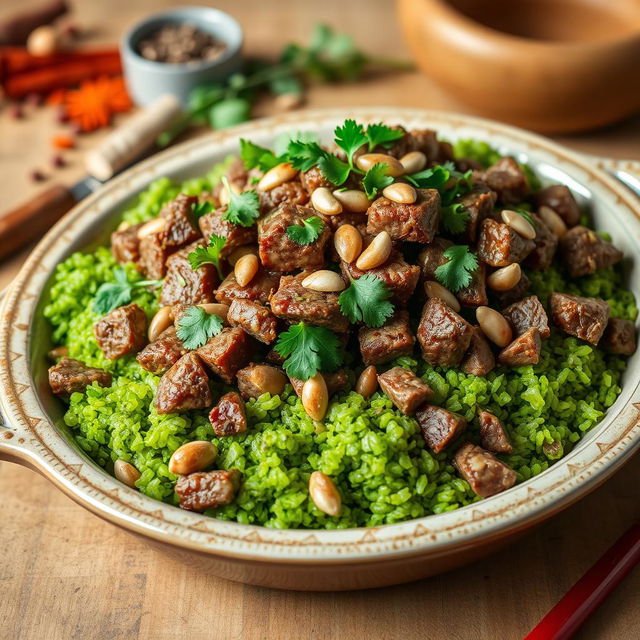 Green freekeh tossed with finely chopped tender meat, served in a traditional dish