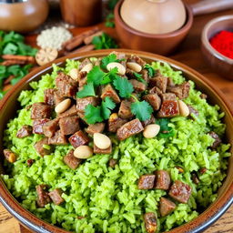 Green freekeh tossed with finely chopped tender meat, served in a traditional dish