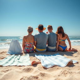 A heartwarming scene of a family at the beach, featuring four members: a grandmother, her daughter, a young adult grandson, and a teenage granddaughter