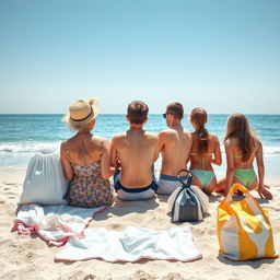 A heartwarming scene of a family at the beach, featuring four members: a grandmother, her daughter, a young adult grandson, and a teenage granddaughter