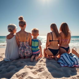 A heartwarming scene of a family at the beach, featuring four members: a grandmother, her daughter, a young adult grandson, and a teenage granddaughter