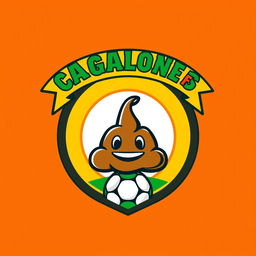 A unique and whimsical football team shield design, featuring a round emblem with a stylized poop emoji in the center, surrounded by a bold, circular border