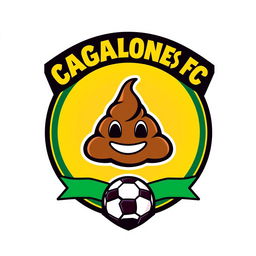 A unique and whimsical football team shield design, featuring a round emblem with a stylized poop emoji in the center, surrounded by a bold, circular border