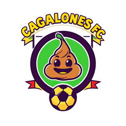 A unique and whimsical football team shield design, featuring a round emblem with a stylized poop emoji in the center, surrounded by a bold, circular border
