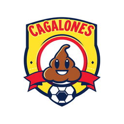 A unique and whimsical football team shield design, featuring a round emblem with a stylized poop emoji in the center, surrounded by a bold, circular border