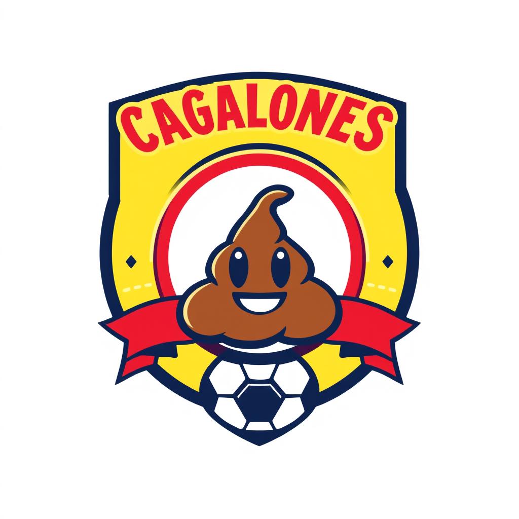 A unique and whimsical football team shield design, featuring a round emblem with a stylized poop emoji in the center, surrounded by a bold, circular border
