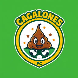 A playful and creative football team shield design, featuring a circular emblem with a cartoon-style poop graphic in the center, surrounded by a bright and bold circular border