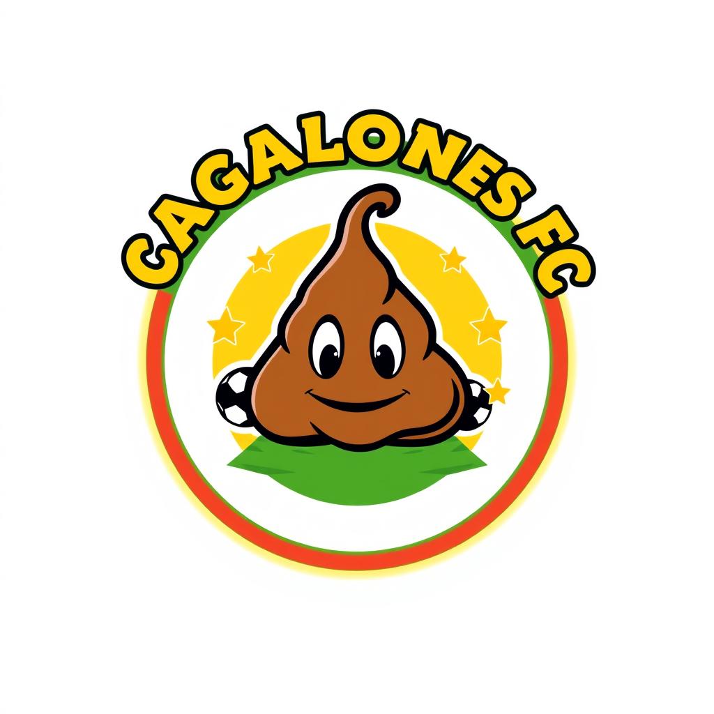 A playful and creative football team shield design, featuring a circular emblem with a cartoon-style poop graphic in the center, surrounded by a bright and bold circular border