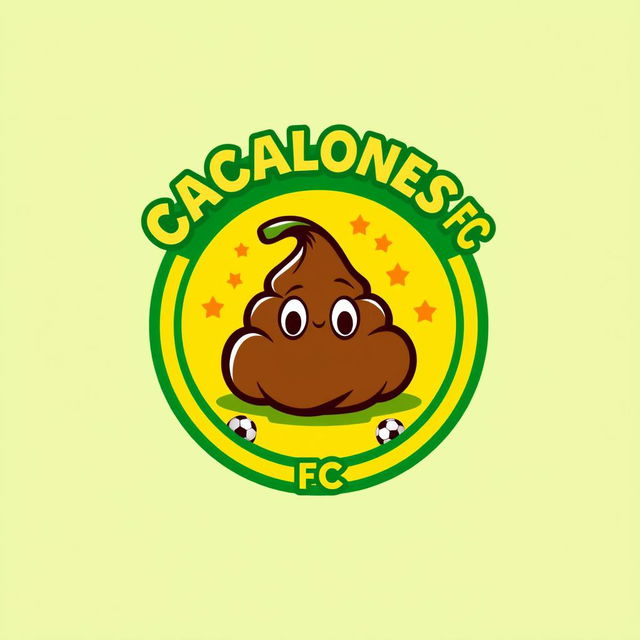 A playful and creative football team shield design, featuring a circular emblem with a cartoon-style poop graphic in the center, surrounded by a bright and bold circular border