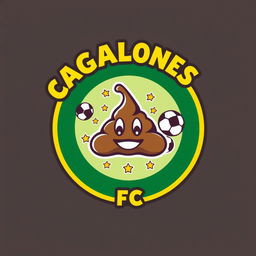 A playful and creative football team shield design, featuring a circular emblem with a cartoon-style poop graphic in the center, surrounded by a bright and bold circular border