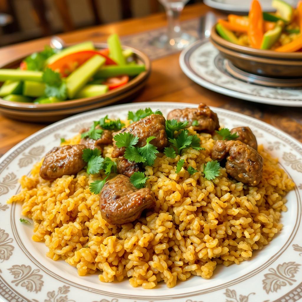 A delicious plate of freekeh (frikeh) cooked with tender meat, beautifully garnished with parsley and served with a side of fresh vegetables