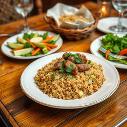 A delicious plate of freekeh (frikeh) cooked with tender meat, beautifully garnished with parsley and served with a side of fresh vegetables