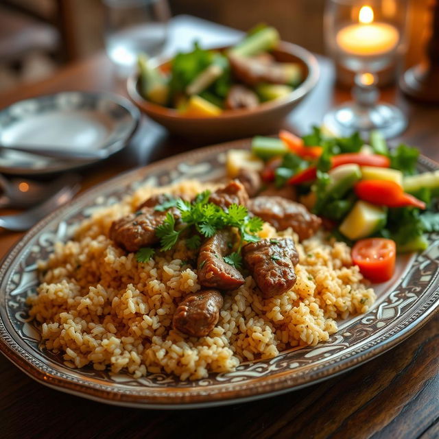 A delicious plate of freekeh (frikeh) cooked with tender meat, beautifully garnished with parsley and served with a side of fresh vegetables