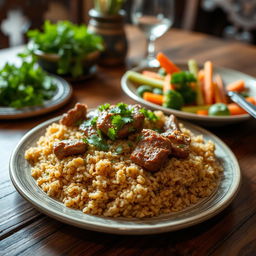 A delicious plate of freekeh (frikeh) cooked with tender meat, beautifully garnished with parsley and served with a side of fresh vegetables