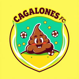 A whimsical and lively football team shield design featuring a cartoon-style poop character in the center, surrounded by a dynamic circular border