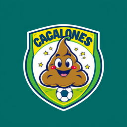 A whimsical and lively football team shield design featuring a cartoon-style poop character in the center, surrounded by a dynamic circular border
