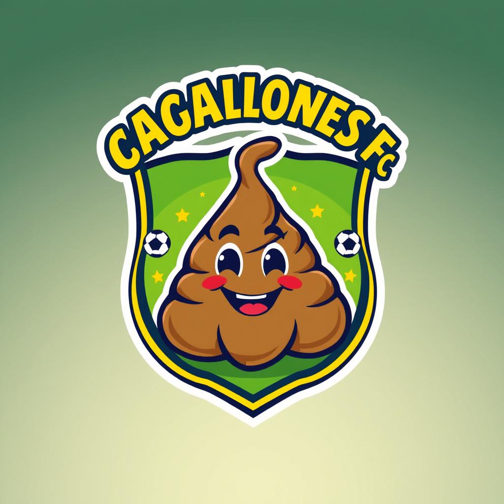 A whimsical and lively football team shield design featuring a cartoon-style poop character in the center, surrounded by a dynamic circular border