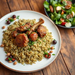 A beautifully plated dish of frikeh (frik) cooked with tender meat, garnished with fresh herbs