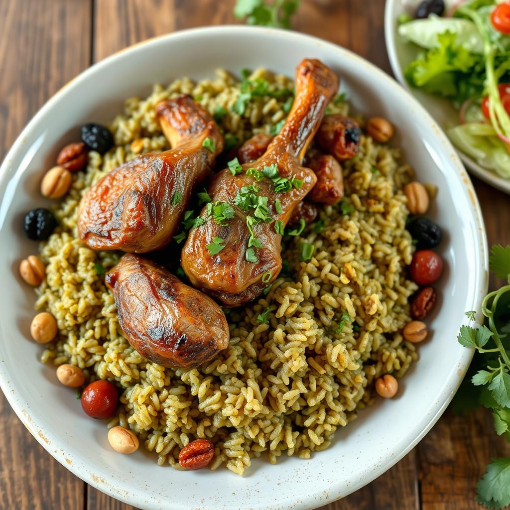 A beautifully plated dish of frikeh (frik) cooked with tender meat, garnished with fresh herbs