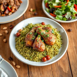A beautifully plated dish of frikeh (frik) cooked with tender meat, garnished with fresh herbs