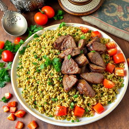 A beautifully arranged plate of freekeh (frekka) with tender pieces of meat, garnished with fresh herbs