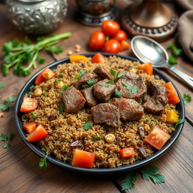 A beautifully arranged plate of freekeh (frekka) with tender pieces of meat, garnished with fresh herbs