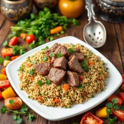 A beautifully arranged plate of freekeh (frekka) with tender pieces of meat, garnished with fresh herbs