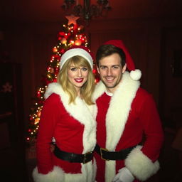 A dark room decorated for Christmas featuring a beautifully lit Christmas tree with colorful ornaments and twinkling lights