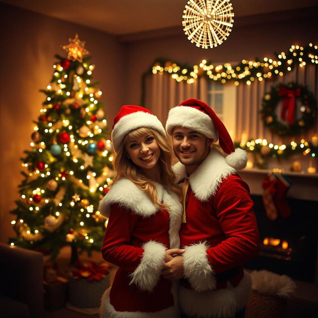 A dark room decorated for Christmas featuring a beautifully lit Christmas tree with colorful ornaments and twinkling lights