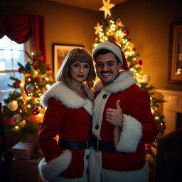 A dark room decorated for Christmas featuring a beautifully lit Christmas tree with colorful ornaments and twinkling lights