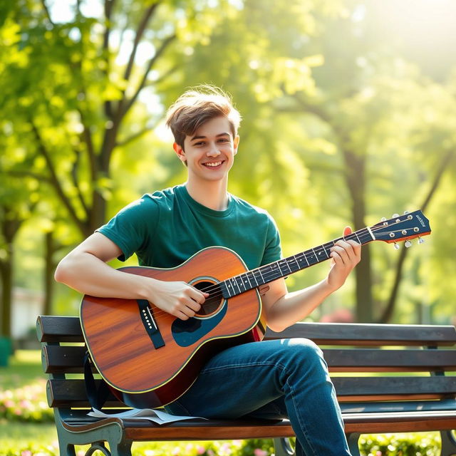 A young man sitting on a park bench, strumming an acoustic guitar