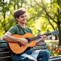 A young man sitting on a park bench, strumming an acoustic guitar