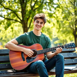 A young man sitting on a park bench, strumming an acoustic guitar