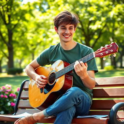 A young man sitting on a park bench, strumming an acoustic guitar