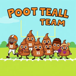 A whimsical illustration featuring a football team where each player is represented by a cartoonish poop emoji, each with a distinct personality