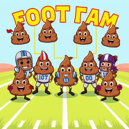 A whimsical illustration featuring a football team where each player is represented by a cartoonish poop emoji, each with a distinct personality