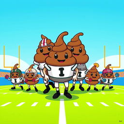 A whimsical illustration featuring a football team where each player is represented by a cartoonish poop emoji, each with a distinct personality